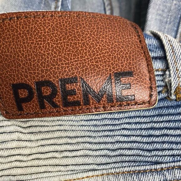 PREME Men’s Denim Moto Blue Side Stripe Distressed Destroyed Jeans Size 34X33 - Picture 5 of 11
